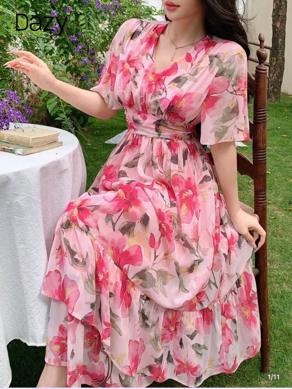 SHEIN Pink Floral Maxi Dress with Belted Waist